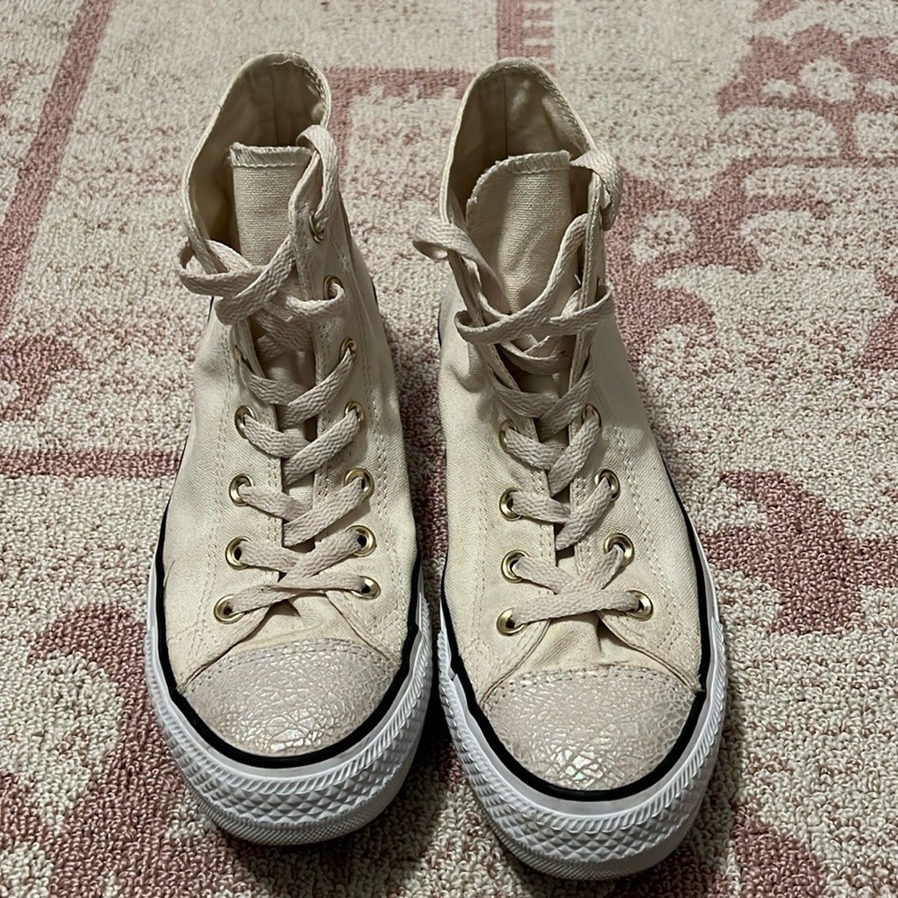Off white high top converse with prism print on toe